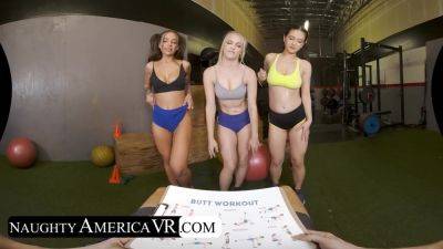 April Olsen - Jazlyn Ray - Jasmine Wilde - Gym girls Jazlyn Ray, April Olsen, and Jasmine Wilde take turns squating on their personal trainer's thick cock - hotmovs.com